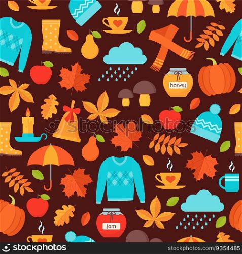 Autumn pattern. Vector. Seam≤ss background with autumn e≤ments fall≤aves, umbrella, pumpkin, rain, sweater hat. Seasonal pr∫on brown backdrop. Cute texture. Colorful illustration in flat design