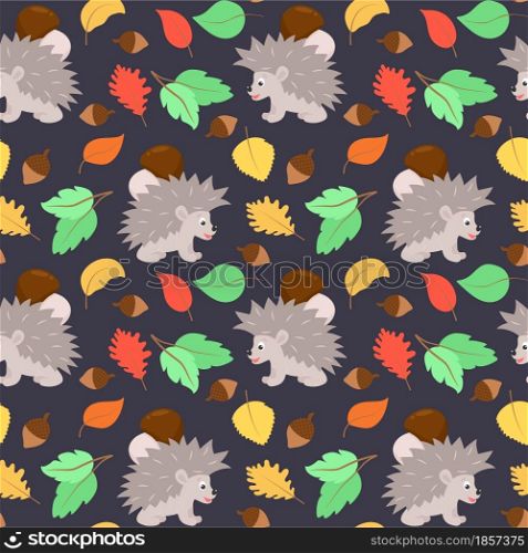 Autumn pattern with hedgehogs, leaves, acorns and mushrooms. Forest background with animals and plants. Dark night mat. Template for wallpaper, fabric, packaging.. Autumn pattern with hedgehogs, leaves, acorns and mushrooms.