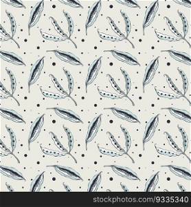 Autumn pattern with seeds pods doodle hand drawn pastel blue colors.