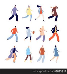Autumn people. Person in warm clothes, urban male characters dressed outerwear. Isolated flat fall seasonal crowd, man woman walk vector set. People in warm autumn clothes illustration. Autumn people. Person in warm clothes, urban male characters dressed outerwear. Isolated flat fall seasonal crowd, man woman walk vector set
