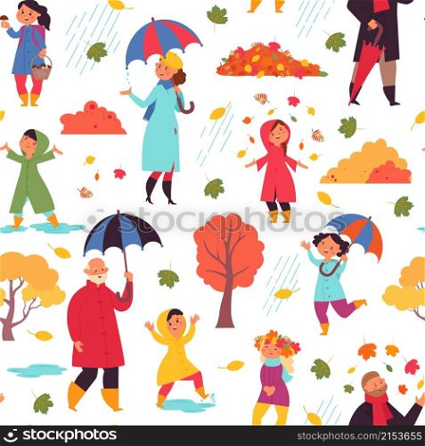 Autumn people walking pattern. Adult standing with umbrella, children jumping in leaves. City fall season walk decent vector seamless texture. Walking outside under rain, childhood autumn illustration. Autumn people walking pattern. Adult standing with umbrella, children jumping in leaves. City fall season walk decent vector seamless texture