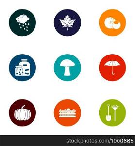 Autumn period icons set. Flat set of 9 autumn period vector icons for web isolated on white background. Autumn period icons set, flat style