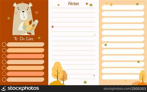 Autumn planner organizer with cute bear with autumn leaves Against the background with an autumn landscape. A set of vertical templates - To-do list and notes. Vector illustration