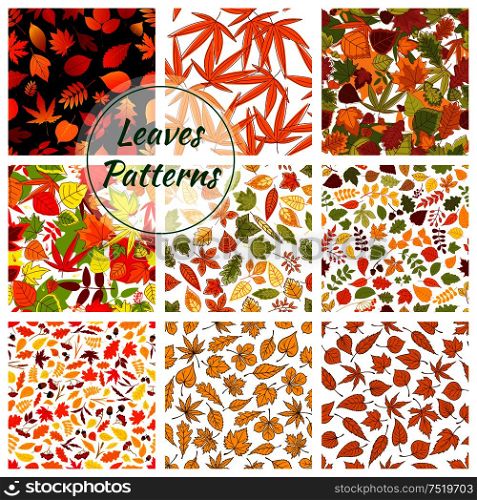 Autumn plants and trees leaves. Seamless patterns of bright and colorful foliage elements. Vector pattern of small and large birch, oak, maple, brown, elm leaf on white and black background. Autumn plants and trees leaves. Seamless patterns