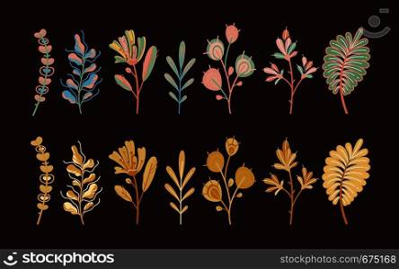 Autumn plants. Forest cute abstract leaves and cereal in garden ecological flat flowers botanical on dark background, floral vector concept. Autumn plants. Forest cute abstract leaves and cereal in garden ecological flat flowers botanical on dark background vector concept