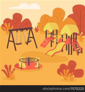Autumn play area flat color vector illustration. Swing, slide and roundabout. Children recreational park in fall. Playground equipment 2D cartoon landscape with forest on background. Autumn play area flat color vector illustration