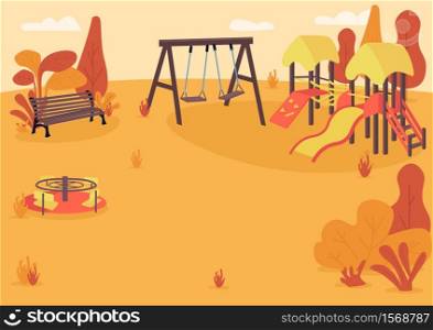 Autumn playpark flat color vector illustration. Public park in fall. Empty children recreation area. Autumn park zone with kids playground equipment 2D cartoon landscape with trees on background. Autumn playpark flat color vector illustration