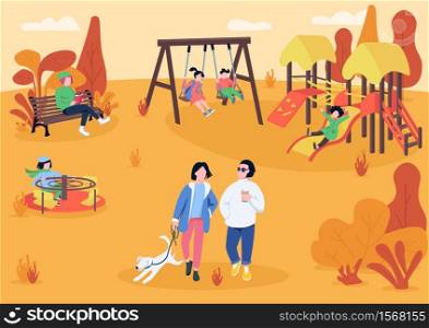 Autumn playpark with visitors flat color vector illustration. People spending leisure time outdoors. Children recreation area. Autumn recreational zone 2D cartoon characters with trees on background. Autumn playpark with visitors flat color vector illustration