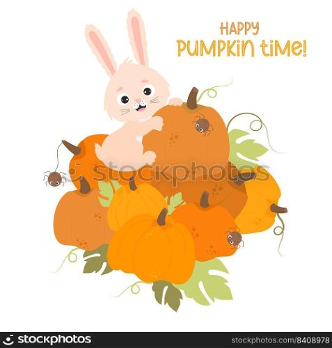 Autumn poster. Happy cute rabbit sits on huge pile of pumpkins. Harvesting vegetables. Happy pumpkin time. Vector illustration for design, farm and autumn holiday decor, print, posters, greeting cards