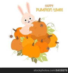 Autumn poster. Happy cute rabbit sits on huge pile of pumpkins. Harvesting vegetables. Happy pumpkin time. Vector illustration for design, farm and autumn holiday decor, print, posters, greeting cards