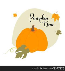 Autumn poster with orange pumpkin. Vector illustration with fall vegetable and slogan - Pumpkin time on white background. Festive card for print, design, greeting cards, decor, booklet