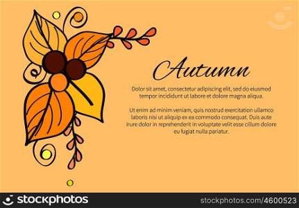 Autumn poster with yellow and orange leaves, decorative branches and beads vector illustration with place for text isolated on beige background. Autumn Poster with Yellow and Orange Leaves, Decor