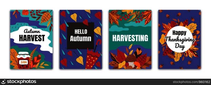 Autumn posters. Flyers and greeting cards with fall foliage for seasonal events, thanksgiving holiday banners. Vector hand drawn perfect seasonality festival card set. Autumn posters. Flyers and greeting cards with fall foliage for seasonal events, thanksgiving holiday banners. Vector hand drawn set