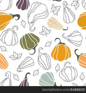 Autumn pumpkin seamless pattern. Background with pumpkins and leaves for Thanksgiving. Seasonal fall print for textile, packaging, design, vector illustration. Autumn pumpkin seamless pattern vector illustration