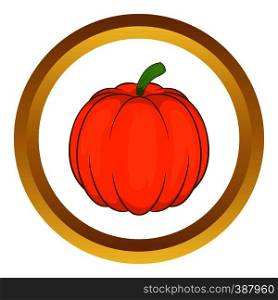 Autumn pumpkin vegetable vector icon in golden circle, cartoon style isolated on white background. Autumn pumpkin vegetable vector icon