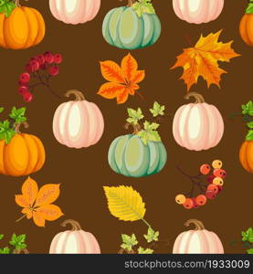 Autumn pumpkins, beautiful leaves and rowan berries in a seamless pattern on a bright background, vector