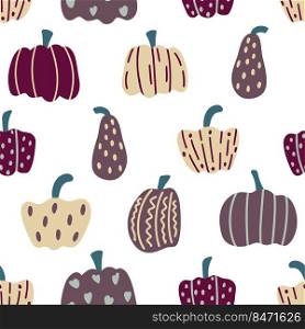 Autumn pumpkins hand drawn seamless pattern. Background with autumn decorated vegetables. Colorful fall print. Continuous template for textile, packaging and design vector illustration. Autumn pumpkins hand drawn seamless pattern