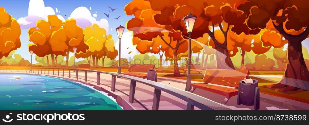 Autumn quay in city park landscape perspective view with fenced river bay, wooden benches, orange and yellow trees, bins and street lamps. Embankment walkway background, Cartoon vector illustration. Autumn quay in park landscape perspective view