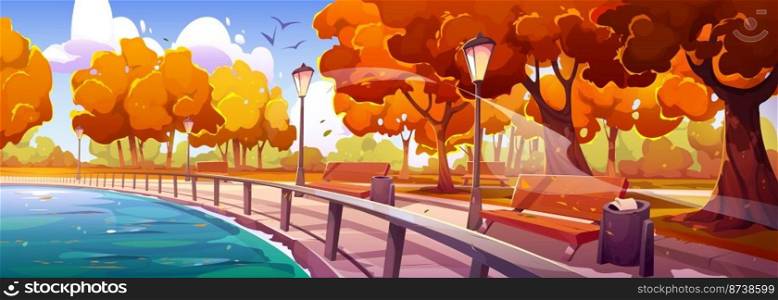 Autumn quay in city park landscape perspective view with fenced river bay, wooden benches, orange and yellow trees, bins and street lamps. Embankment walkway background, Cartoon vector illustration. Autumn quay in park landscape perspective view