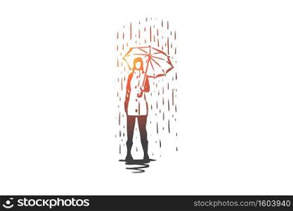 Autumn, rain, umbrella, season, weather concept. Hand drawn woman standing with an umbrella under rain concept sketch. Isolated vector illustration.. Autumn, rain, umbrella, season, weather concept. Hand drawn isolated vector.