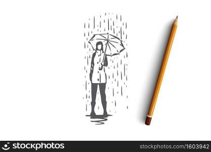 Autumn, rain, umbrella, season, weather concept. Hand drawn woman standing with an umbrella under rain concept sketch. Isolated vector illustration.. Autumn, rain, umbrella, season, weather concept. Hand drawn isolated vector.