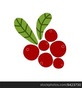 Autumn red wild berries cranberry with green leaves. Cartoon vector illustration on white background