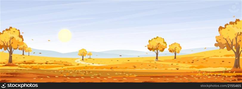 Autumn rural landscape in morning sunrise with light blue skyline background,Fall season at countryside with forest tree,grass field, Sun,Vector Nature scenery cartoon background