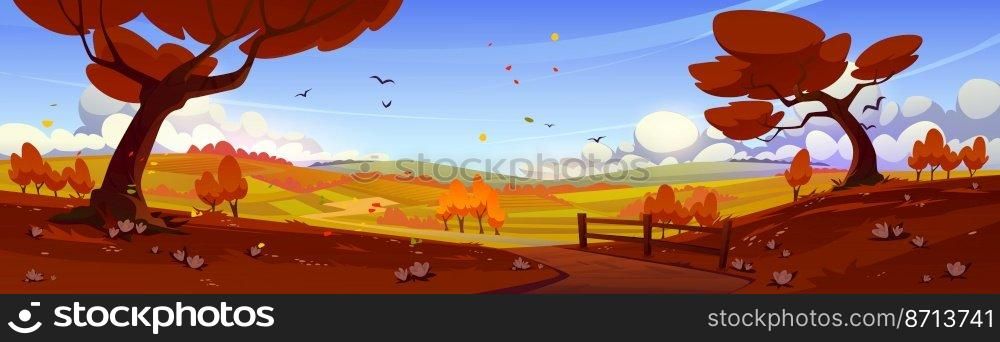Autumn rural landscape with orange trees, agriculture fields, road and fence. Vector cartoon illustration of nature scene, countryside panorama with farmlands in fall. Autumn rural landscape with orange trees, fields