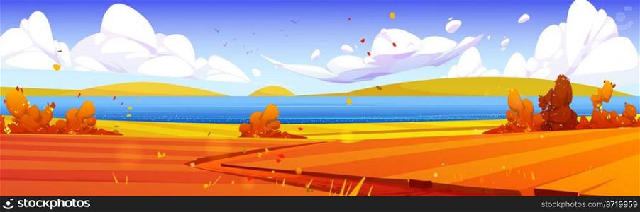 Autumn rural landscape with river, orange agriculture fields, bushes, flying leaves and road. Vector cartoon illustration of country panorama with farmlands and lake in fall. Autumn rural landscape with river, fields, road