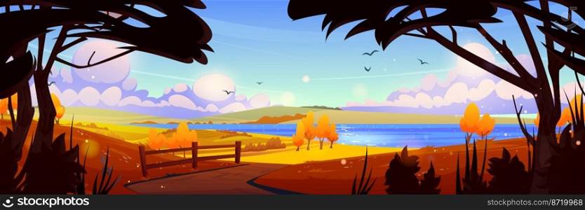 Autumn rural scene with river, trees, agriculture fields in morning. Farmlands panorama in fall, countryside landscape with orange grass, lake, road and fence, vector cartoon illustration. Autumn rural scene with river, trees, fields