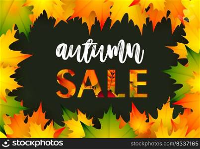 Autumn sa≤black retail ban≠r design. Text in frame, yellow, oran≥and green folia≥isolated on black background. Vector illustration can be used for flyers, posters, ads, promo