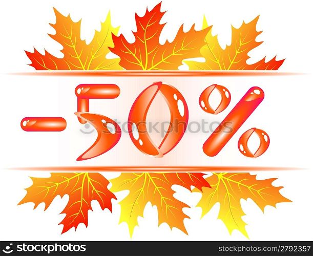 Autumn sale ad with falling maple leaves. 50 percent discount