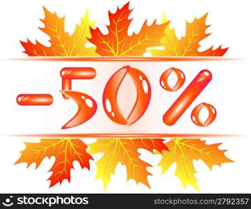 Autumn sale ad with falling maple leaves. 50 percent discount