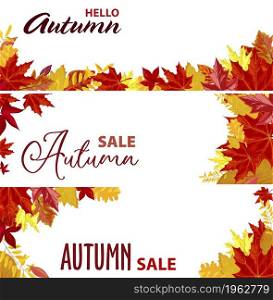 Autumn sale and promotions, banners and posters with copyspace for website. Hello fall season, decorative foliage and leaves, dry maple leafage and calligraphy inscription. Vector in flat style. Hello autumn, sale and discounts website banners