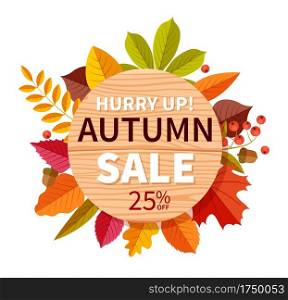 Autumn sale background. Autumnal seasonal shopping offer discount banner, promotion price flyer. Colorful fall leaves vector design. Discount autumn decoration, sale lettering advertising illustration. Autumn sale background. Autumnal seasonal shopping offer discount banner, promotion price flyer. Colorful fall leaves vector design