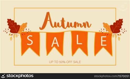 Autumn sale background layout decorate with leaves for shopping sale. Banner for autumn sale from leaves.Autumn sale flyer template with lettering. Bright fall leaves. Poster, card, label, banner design
