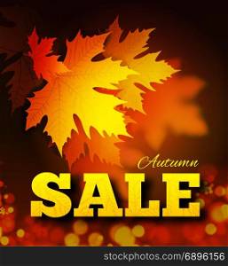 Autumn sale background with leaf texture on the lettersh and bokeh.. Autumn sale background with leaf texture on the letters and bokeh. Vector illustration