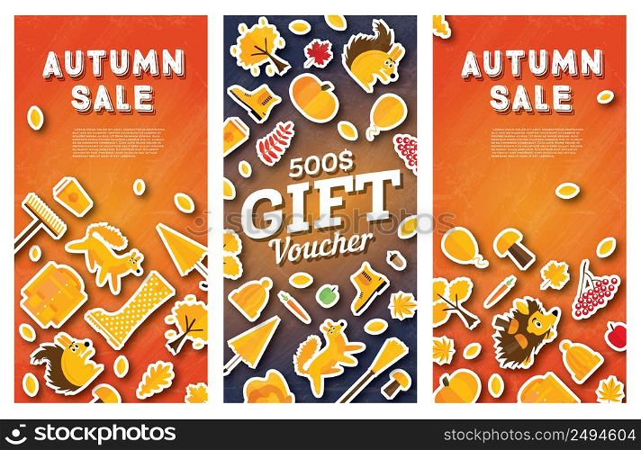 Autumn sale banner and gift voucher set with pumpkin, leaves and clouds. Vector illustration.