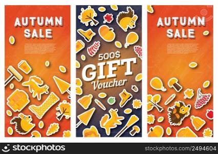 Autumn sale banner and gift voucher set with pumpkin, leaves and clouds. Vector illustration.