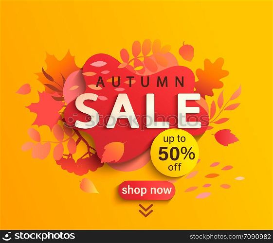 Autumn sale banner, fall season discount poster with falling leaves and shadow of rowan and acorn, 50 percent price off for shopping promotions,prints,flyers,invitations, special offer card. Vector.. Autumn sale banner, season discount poster.