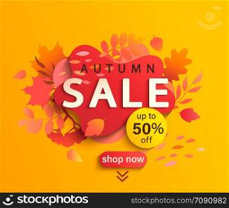 Autumn sale banner, fall season discount poster with falling leaves and shadow of rowan and acorn, 50 percent price off for shopping promotions,prints,flyers,invitations, special offer card. Vector.. Autumn sale banner, season discount poster.
