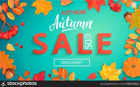 Autumn sale banner in fall leaves frame.Big discounts promo with colorful leaf,rowan berries,acorns,pumpkin for seasonal shopping promotion,web,flyers.Template for cards,advertise.Vector illustration.. Autumn sale banner in fall leaves frame.