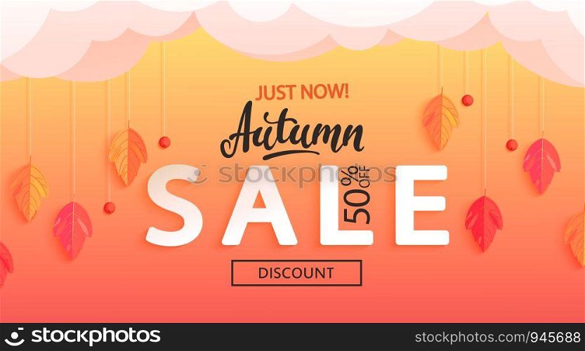 Autumn sale banner, just now big discounts. Fall leaves and rowan berries hanging from the clouds, for seasonal shopping promotion, web, flyers. Template for cards, advertise. Vector illustration.. Autumn sale banner, just now discounts.