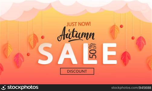 Autumn sale banner, just now big discounts. Fall leaves and rowan berries hanging from the clouds, for seasonal shopping promotion, web, flyers. Template for cards, advertise. Vector illustration.. Autumn sale banner, just now discounts.