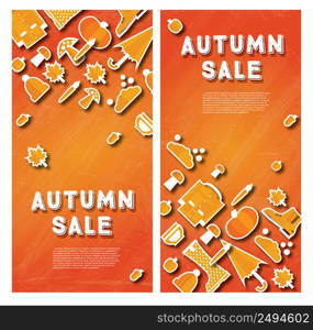 Autumn sale banner set with pumpkin, leaves and clouds. Vector illustration.