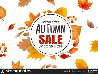 Autumn sale banner template background. Autumn shopping sale with leaves frame and text.