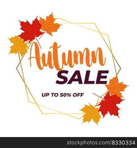 Autumn Sale banner template with bright autumn leaves, golden circles and hand drawn lettering for fall season shopping. Vector illustration