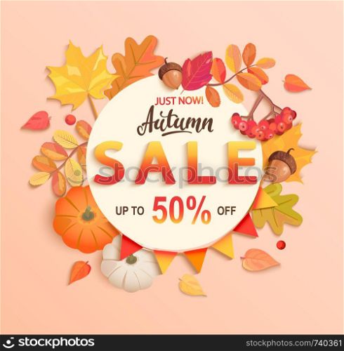 Autumn sale banner, up to 50 percent off, discount card in circle frame from seasonal fall leaves,rowan, pumpkin,acorn for shopping promotions,prints,flyers,invitations, special offer poster.Top view.. Autumn sale banner, up to 50 percent off.