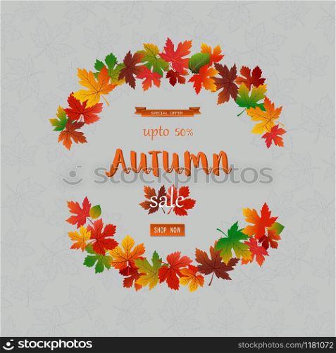 Autumn sale banner with colorful leaves,fall poster background for label,website,flyer,advertising,voucher discount,promotion or online shopping,vector illustration