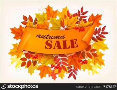 Autumn Sale Banner With Colorful Leaves. Vector